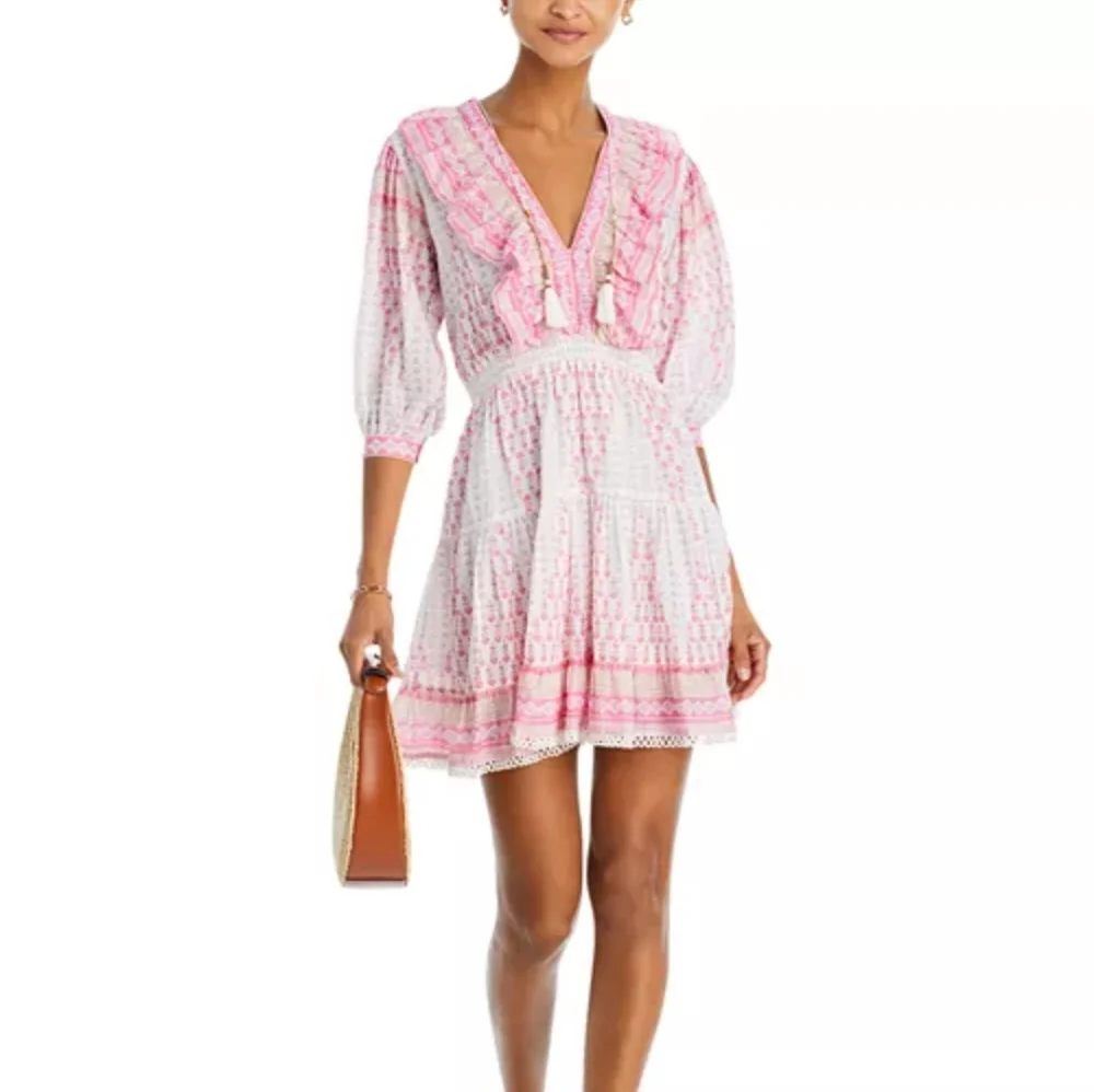 Bell Rain‎ Light Past pink Multi Puff Sleeve Mini Dress Silk Sz Large - Picture 3 of 12